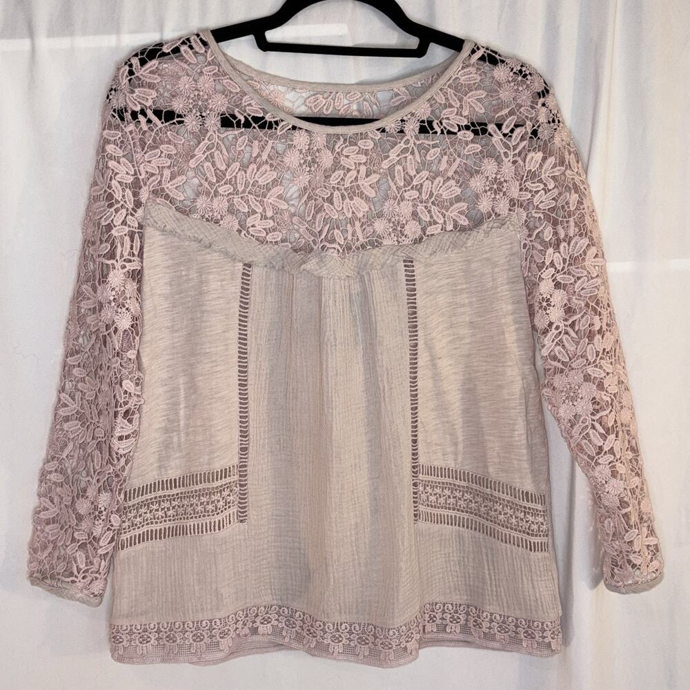 Anthropologie Guest Editor Pink Blouse Top w Lace BOHO Peasant Size Medium EUC
